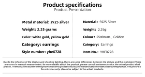 Specifications for S925 silver heart earrings showing 2.25g weight and color options