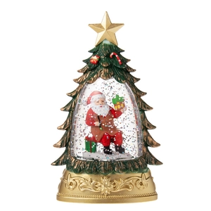 Illuminated Christmas tree snow globe with Santa Claus figurine and gold star topper