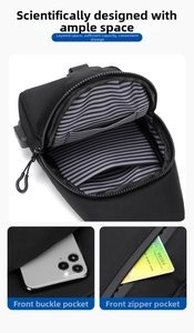 Detail of chest bag featuring striped lining, buckle phone pocket and zipper card slot