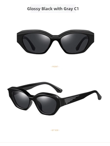 Glossy black cat-eye polarized sunglasses with silver stripe detail and grey lenses