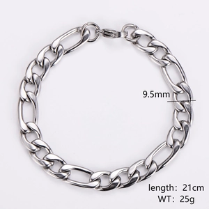 Macro view of 9.5mm wide stainless steel Figaro chain bracelet showing 21cm length details