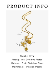Detail of 18K gold PVD coated stainless steel starfish and pearl pendants necklace