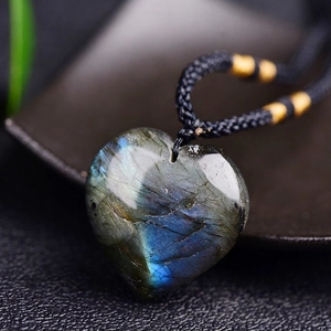 Natural heart-shaped labradorite pendant with blue flash and black woven cord necklace