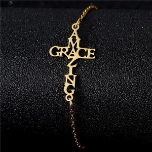 Golden stainless steel cross pendant necklace with Amazing Grace letter engraving