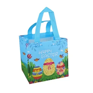 Laminated non-woven Happy Easter gift bag featuring colorful eggs and rabbit patterns