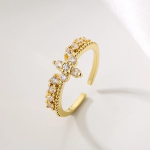 18K gold plated butterfly geometric open ring with double row cubic zirconia crystals