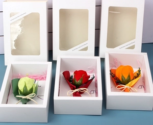 Three-color soap rose gift boxes in yellow, red and orange with transparent window