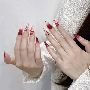 Handmade Red Snake 3D Relief Press On Nails Long Almond Gradient Red White Hand Painted Plum Blossom Reusable False Nails