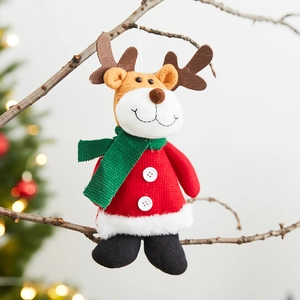 Plush Christmas reindeer doll hanging ornament with red sweater and green scarf