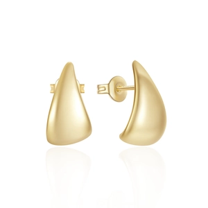 Detailed macro view of matte gold streamline teardrop stud earrings on a white background