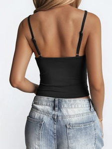 Detailed back view of a black Y2K lace camisole with adjustable spaghetti straps