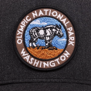Retro Olympic National Park embroidered mesh trucker hat with mountain goat patch