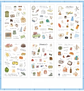 Detail view of 6 waterproof PET sticker sheets with hand-drawn travel and food lifestyle motifs