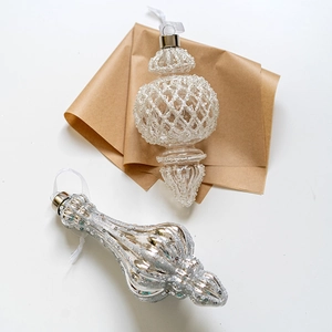 Elegant silver and clear glass Christmas tree ornaments with sequins and beaded details
