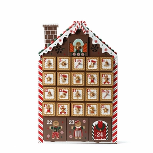 Detailed view of a wooden 24-drawer gingerbread house Christmas advent calendar