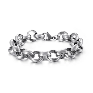 Polished silver stainless steel thick link chain bracelet with classic lobster clasp design