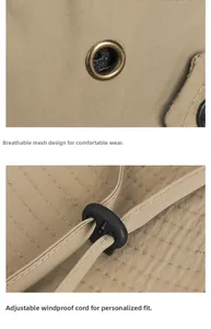 Detail of khaki outdoor sun hat featuring breathable mesh vents and adjustable wind cord