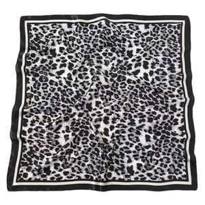 Satin square scarf with black and white leopard print and solid border design