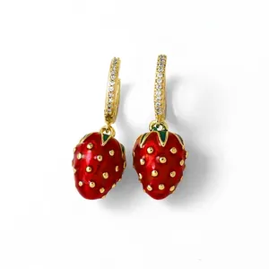 Gold-plated strawberry drop earrings with red enamel finish and sparkling zircon hoop
