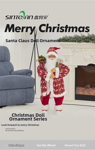 Detailed view of Santa Claus figurine with red elk pattern coat and miniature Christmas tree