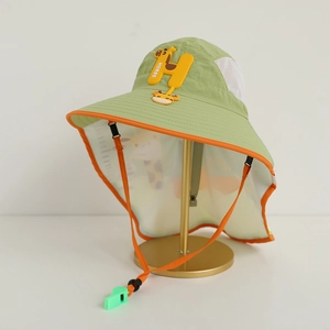 Detail of green kids sun hat with neck protection flap, mesh vents and safety whistle