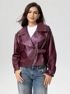 Veste En Similicuir PU Femme Bordeaux Rouge Vin Style Motard Court Revers Ceinture Taille