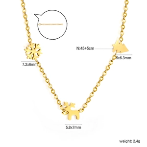 Gold Christmas necklace with snowflake, elk, and tree pendants featuring detailed dimensions