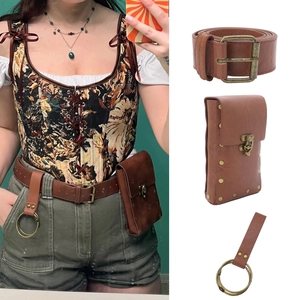 Brown faux leather bondage belt set with vintage waist bag and bronze metal rings