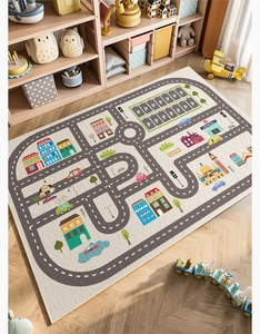 Detail of kids city map rug with roads and buildings on wooden floor in playroom