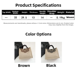 Detailed size specifications for the large capacity woven linen shoulder tote bag
