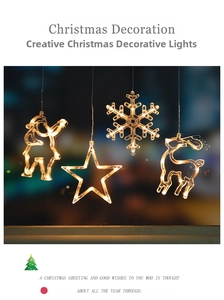 Detail of warm white LED Christmas hanging lights in Santa, star, and elk shapes