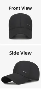 Detail of black cotton baseball cap with silver metal Sports logo and six-panel stitching