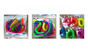Various packaging options for TPR stretchy sensory noodles including foil and OPP bags