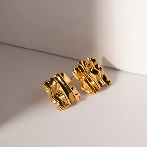 Minimalist gold textured rectangular stud earrings with abstract pleated surface