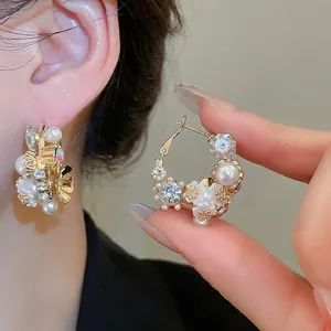 Elegant vintage pearl and rhinestone flower hoop earrings in gold finish for women