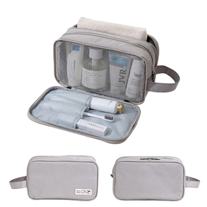Detailed views of grey travel toiletry bag with dry-wet separation and multiple compartments