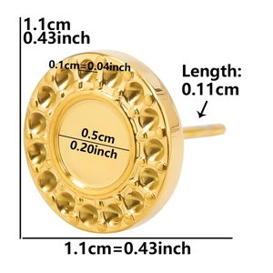 Macro shot of gold stainless steel earring base showing 1.1cm outer diameter dimensions