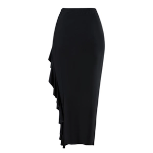Detail view of the elegant ruffled edge design on a high-waisted black maxi skirt