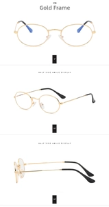 Three-angle views of vintage oval gold metal sunglasses with black temple sleeves