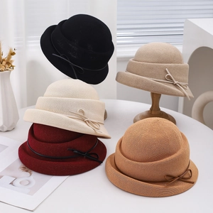 Women French Retro Cloche Hat Knitted Straw Style Breathable Sun Protection Rolled Edge Elegant Bowknot Basin Hat