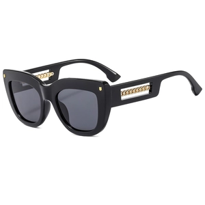 Fashion square cat-eye sunglasses in black with unique gold metal chain hollowed temples