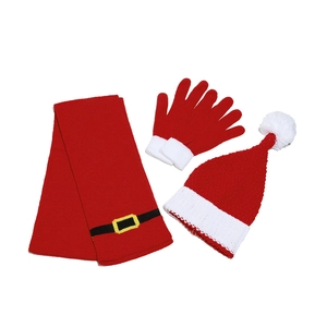 Christmas knit set with Santa Claus hat, scarf and gloves in festive red and white