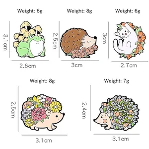 Cute cartoon animal enamel pins featuring hedgehogs and cats with size and weight details
