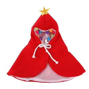 Size L red Christmas pet cloak with golden star and colorful pompom hood detail