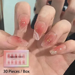 Unghie Finte da Incollare Sfumate Rosa Cipria Con Foglia d'Oro e Motivo Nuvola Bianca Forma Ballerina Corta Donna