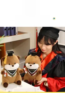 Close-up of cute graduation otter plush toy wearing academic cap and congrats shawl