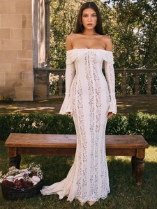 Women Off Shoulder Lace Maxi Dress Elegant Long Bell Sleeve Fishtail Mermaid Bodycon Wedding Evening Party Gown