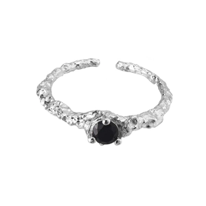 S925 sterling silver open ring with unique lava texture and black gemstone center