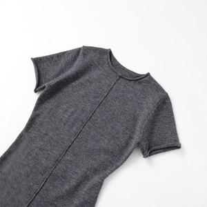 Dark gray soft knit short sleeve dress with round neck and ribbed texture