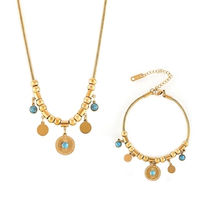 Stainless Steel Turquoise Round Pendant Jewelry Set Vintage Gold Plated Sunburst Necklace Bracelet Set For Women